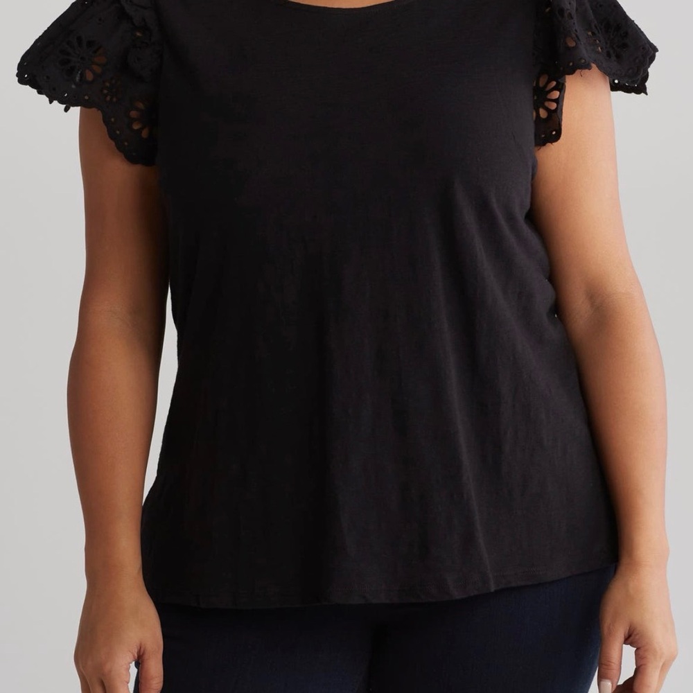 Adrianna Papell Black Eyelet Sleeve Top - Picture 3 of 4